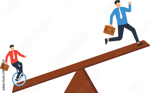 Business competition concept with two men on a seesaw. Corporate strategy showing skill advantage, risk management, career path, market imbalance, innovative approach, and professional growth.