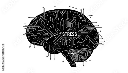 Digital circuit brain with stress text highlighting neural pathways in black and white