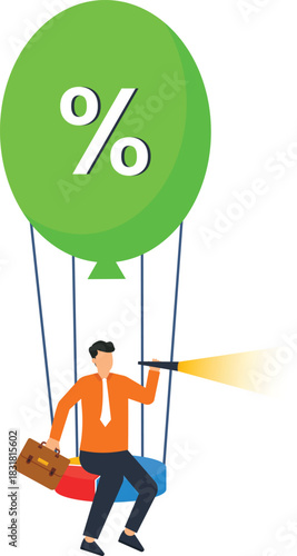 Businessman with telescope on percentage balloon searching for financial growth investment opportunity market analysis business forecast economic outlook rising interest rates