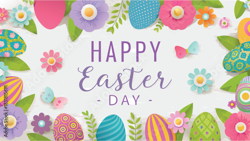 Happy easter day with colorful decorated eggs blooming flowers and green leaves on a white wooden background festive greeting card design