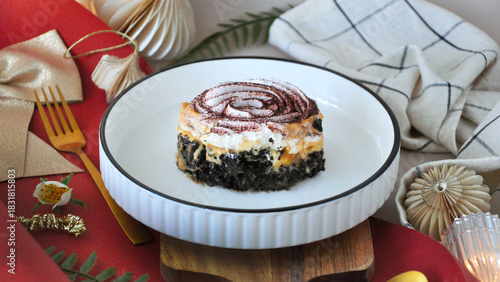 Close up Banoffee Pie on White Plate with Festive Decoration