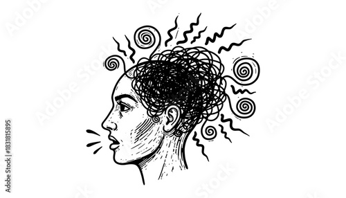 Abstract portrait of person with whimsical hair and thought spirals in hand-drawn style