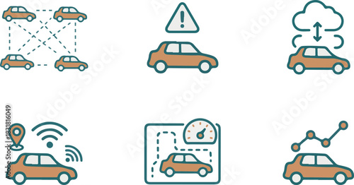 Smart car technology icons: connectivity, safety, cloud, gps, navigation, analytics, future vehicles