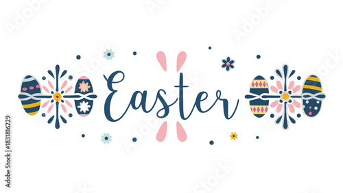 Happy easter greeting with decorative elements including stylized easter eggs floral motifs and bunny ears perfect for festive celebrations and spring themes