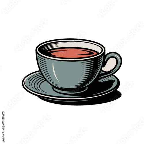 Vintage cup of tea on saucer in minimalist style  isolated on a transparent background