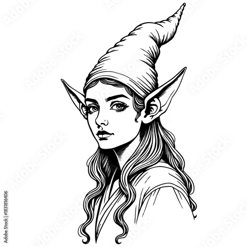 Christmas fantasy elf girl character in festive hat drawn in vintage black and white style - holiday magical creature - fantasy Christmas character