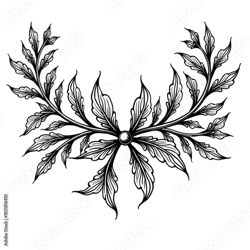 Christmas holly garland with leaves in symmetrical decorative layout drawn in vintage style - holiday botanical ornament - winter festive decor