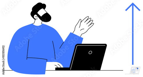 Man in blue shirt gesturing next to laptop, large upward arrow representing growth, ambition, or achievement. Ideal for business, success, development, leadership, teamwork education