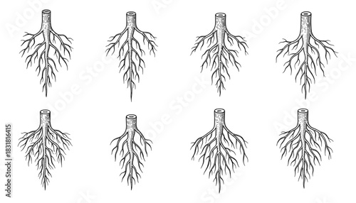 Intricate black and white tree root designs set on white background