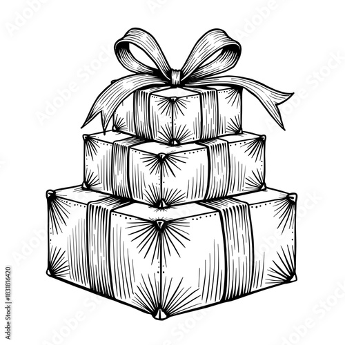 Stacked Christmas gift boxes with decorative bows drawn in black and white vintage style - festive holiday presents - winter celebration mood