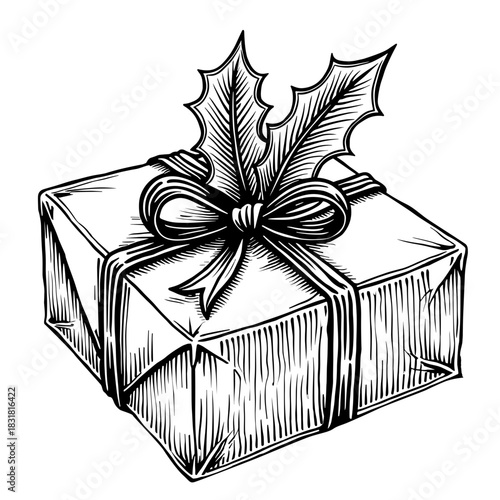 Christmas gift box with holly and ribbon bow drawn in vintage black and white engraving style - festive winter present - holiday celebration