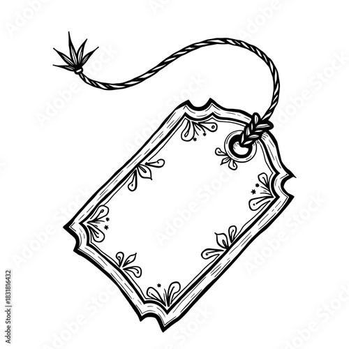 Blank Christmas gift tag with festive border and string drawn in vintage hand-drawn style - holiday wrapping accessory - winter decoration element