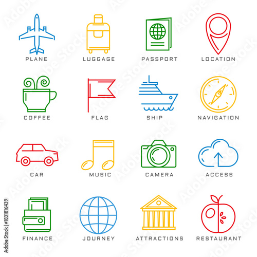 Vector set of color linear icons on the topic of travel.