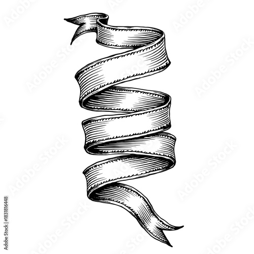 Christmas ribbon banner in curled scroll style drawn in vintage black and white hand-drawn sketch - festive wrapping element - holiday scroll decoration