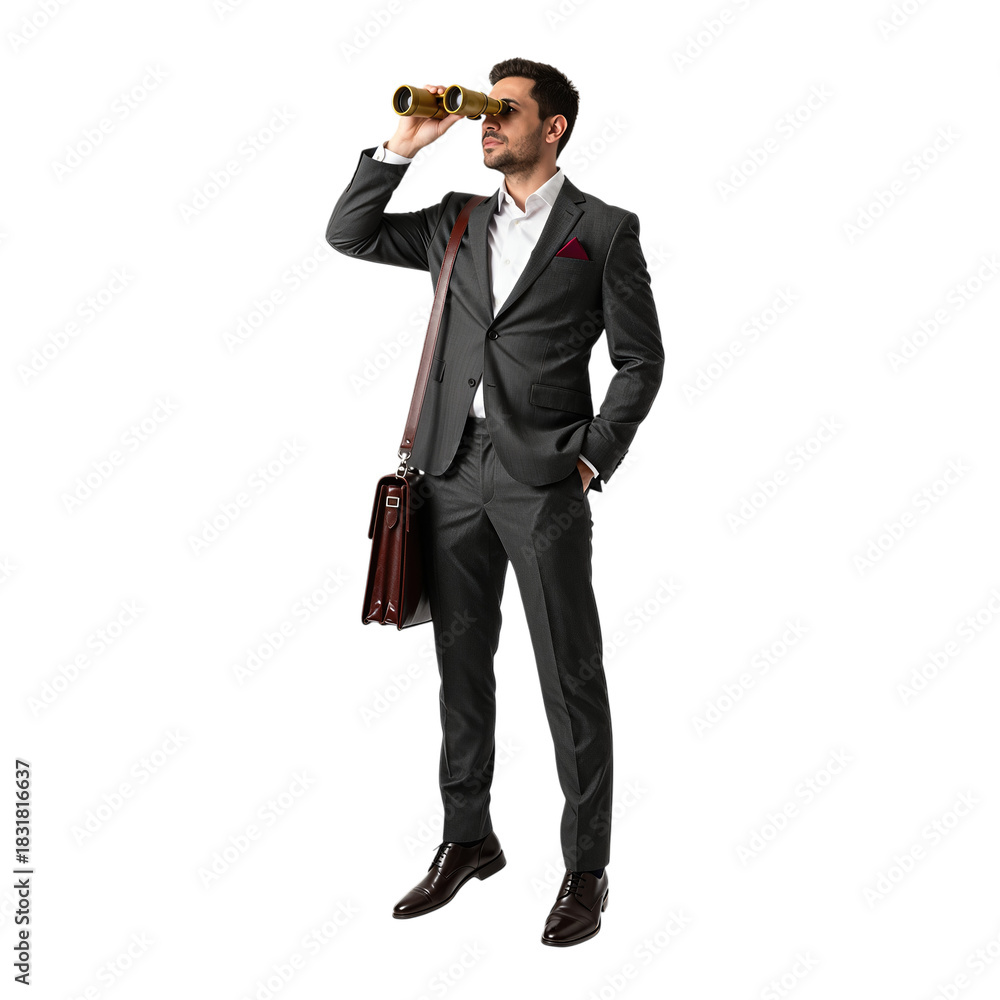 Fototapeta premium Businessman Holding Binoculars and Briefcase