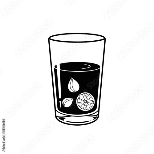 Glass of detox water with lemon and leaves on white background  