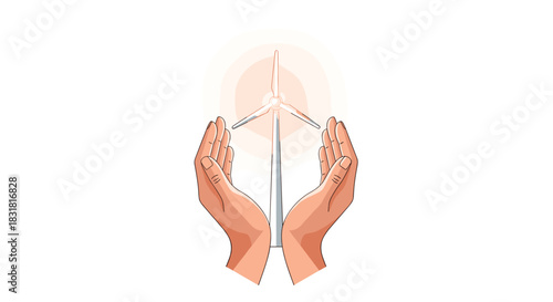 Hands Protecting a Wind Turbine Symbolizing Renewable Energy, Generative AI.