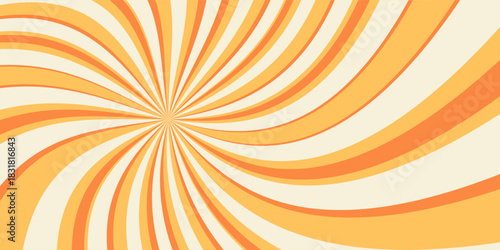Swirling radial ice cream background. Orange groovy vortex spiral twirl. Twirl sunburst psychedelic pattern. Orange lollipop texture. Swirl candy background. Vector illustration.