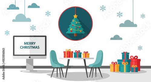 A festive christmas scene with gifts and a decorated tree illustration