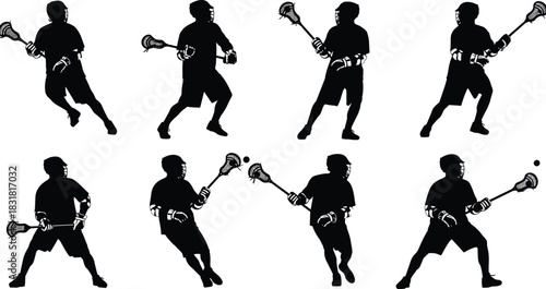 Dynamic black and white silhouettes of lacrosse players in action, isolated on a clean white background, showcasing various poses, stick handling, catching, and movement for sports illustration.