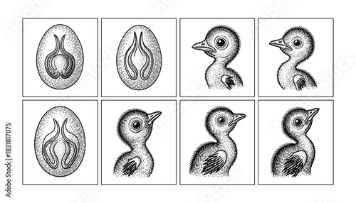 Stages of bird growth in vintage style engraving