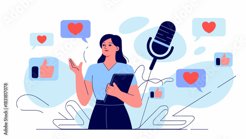 female speaker with a microphone surrounded by like and heart icons, vector illustration for podcasting, public speaking, and social media influence