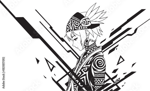 Stylized anime character with tribal patterns and feathered headdress looking down artwork