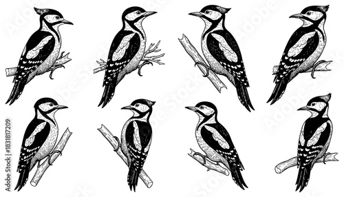 Woodpecker pattern in black and white engraving style on white background