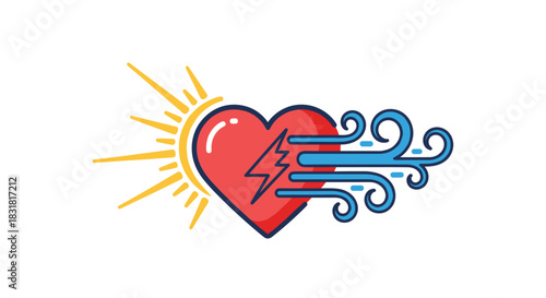 Heart Symbolizing Health and Energy with Sun and Wind Elements, Generative AI.