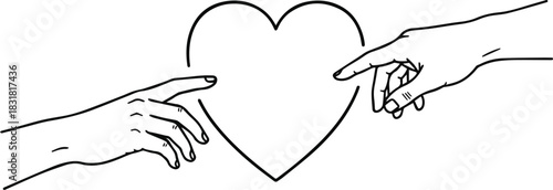 Isolated a Black minimal line art illustration of heart between reaching hands, self-care, mental health, therapy, meditation, wellness symbol vector art with white background..