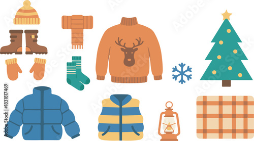 Cozy winter clothing and festive holiday elements: hat, scarf, boots, sweater, tree, jacket