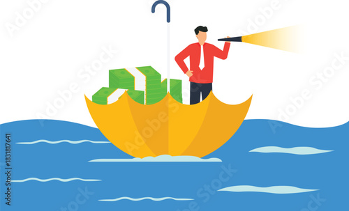 Businessman in umbrella boat with money searching for opportunity financial protection concept investment strategy wealth management business vision market forecast risk management