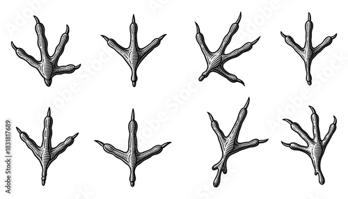 Detailed black and white sketch of bird footprints with vintage style