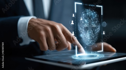 Person interacting with digital facial recognition on tablet