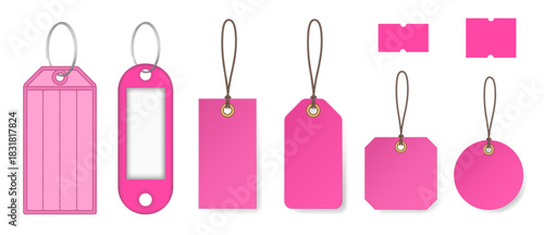 Set of pink price tags and keyrings. Price stickers. Luggage tag. Cardboard label for clothes. Key tags with split ring and window. Keychains