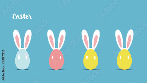 Cute easter eggs with bunny ears and simple faces in pastel colors on a blue background with the word easter written in the corner