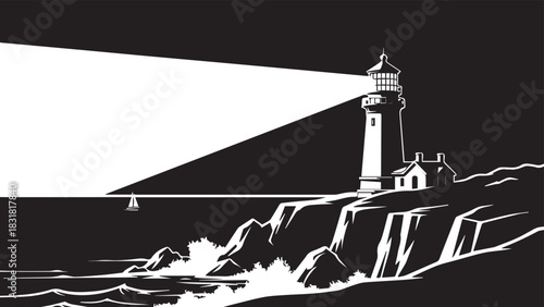 Dramatic lighthouse scene with beam of light and crashing waves vector