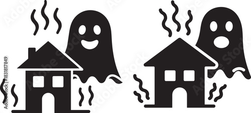 Two haunted houses with ghost silhouettes