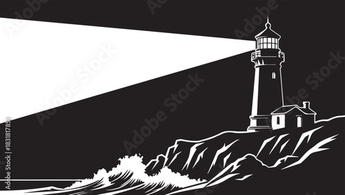 Dramatic lighthouse on a rocky coast shining bright light illustration