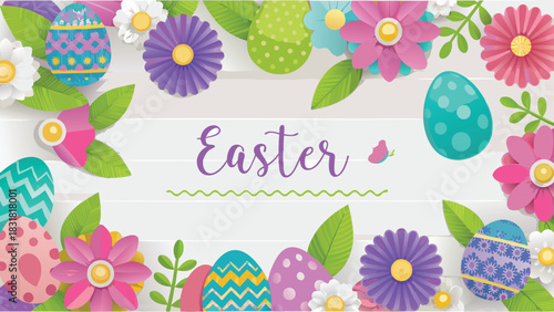 Happy easter greeting card with colorful decorative eggs and paper flowers on a white wooden background festive spring celebration