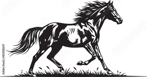 Majestic Horse Running Free Black and White Vector Illustration Design
