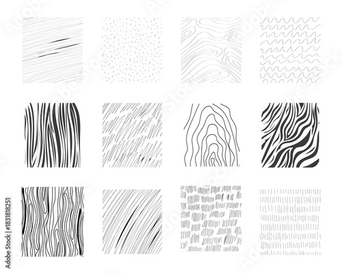 Crosshatch patterns range hand drawn texture set, crosshatch line doodle grunge background. Scribble graphite strokes, lines, wood, shading elements.