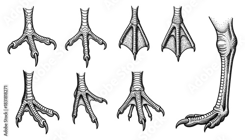 Detailed bird talons and legs set in vintage engraving style