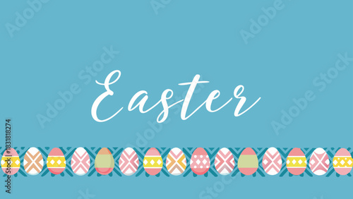 A festive blue background with the word easter written in elegant white script and a decorative border of colorful patterned easter eggs along the bottom edge