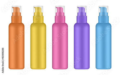 Set of tall cosmetic bottles with pump. Dispenser. Orange, yellow, pink, purple and blue containers. Liquid soap or shampoo.