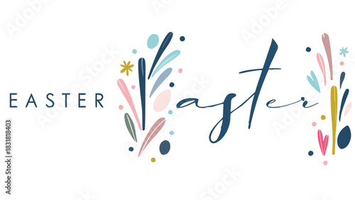 Happy easter greeting with elegant calligraphic text and abstract floral elements in pastel colors on a white background
