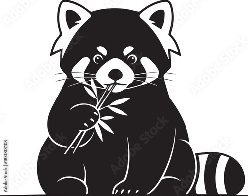 Stylized black and white red panda eating bamboo illustration graphic art