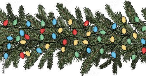 isolated a kinds of different Seamless decorative christmas border with coniferous branches and garlands of colorful christmas lights vector art with white background..