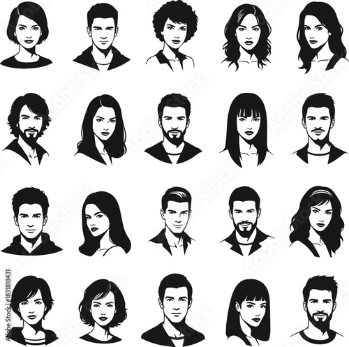 Isolated a kinds of different Vector front portrait in black silhouette of a woman and man, avatar vector art with white background.