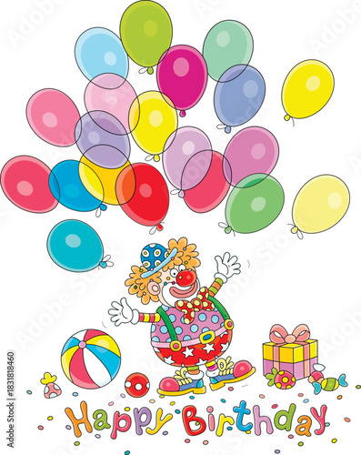 Birthday card with a funny circus clown, holiday gifts and flying colorful balloons, vector cartoon illustration on a white background